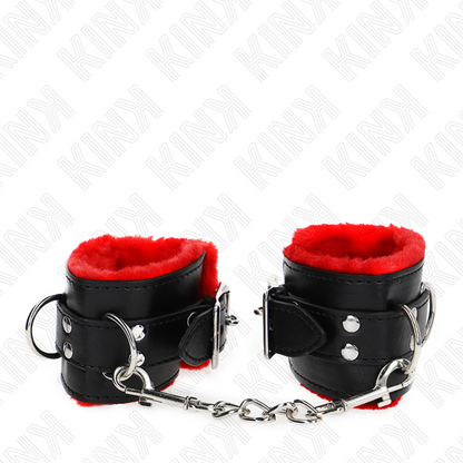 KINK - POLSINI IMBOTTITI IN PELLICCIA CON FORI QUADRI CINTURA ROSSA E NERA REGOLABILE 17-29 CM X 6 CM - KINK COLLAR & GAG | Lingerie Harness Boutique