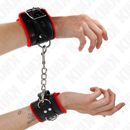 KINK - POLSINI IMBOTTITI IN PELLICCIA CON FORI QUADRI CINTURA ROSSA E NERA REGOLABILE 17-29 CM X 6 CM - KINK COLLAR & GAG | Lingerie Harness Boutique