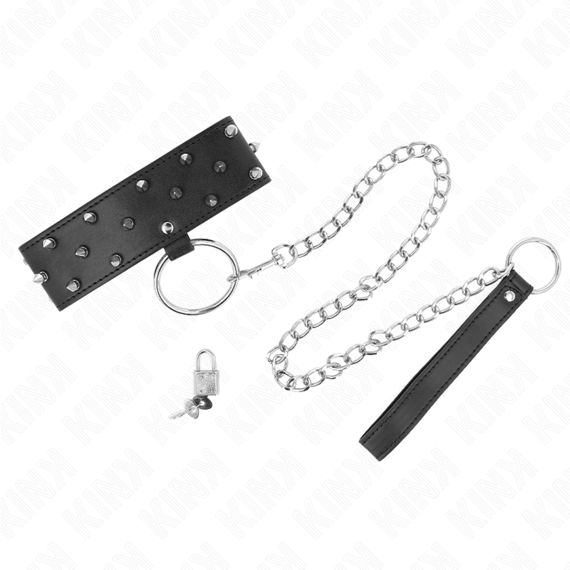 KINK - COLLANA CON GUINZAGLIO 65 CM CON BORCHIE IN ARGENTO MODELLO 5 REGOLABILE 36-43 CM X 5 CM - KINK COLLAR & GAG | Lingerie Harness Boutique