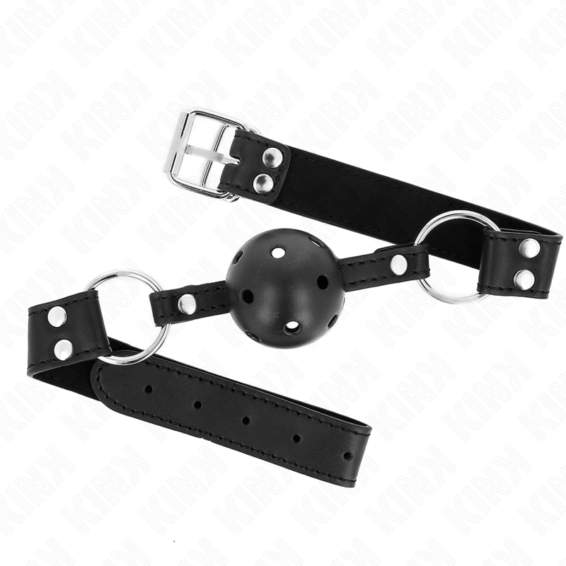 KINK - BAVAGLIO SFERA TRASPIRANTE 4 CM CON DOPPIO RIVETTO MODELLO 1 NERO 62,5 x 2,5 CM REGOLABILE 42-58 CM - KINK COLLAR & GAG | Lingerie Harness Boutique