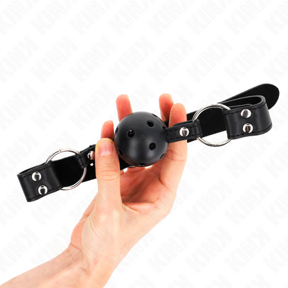 KINK - BAVAGLIO SFERA TRASPIRANTE 4 CM CON DOPPIO RIVETTO MODELLO 1 NERO 62,5 x 2,5 CM REGOLABILE 42-58 CM - KINK COLLAR & GAG | Lingerie Harness Boutique