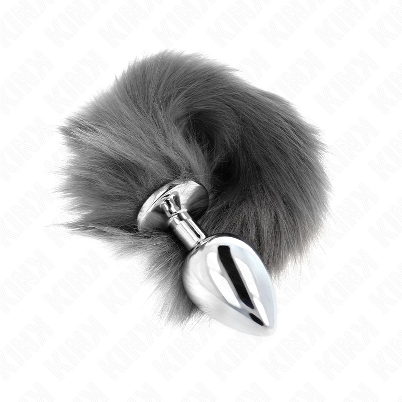 KINK - PLUG ANALE L 10 X 4 CM CON CODA SINTETICA 40 CM GRIGIO E BIANCO - KINK PLEASURE PLUGS | Lingerie Harness Boutique