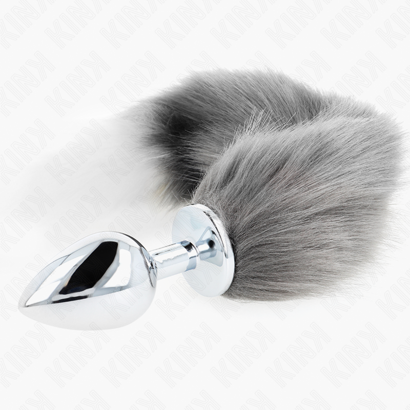 KINK - PLUG ANALE L 10 X 4 CM CON CODA SINTETICA 40 CM GRIGIO E BIANCO - KINK PLEASURE PLUGS | Lingerie Harness Boutique