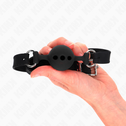 KINK - BAVAGLIO IN SILICONE INTERO 55 x 2 CM CON SFERA DA 4 CM MISURA S NERO REGOLABILE 35-51 CM - KINK COLLAR & GAG | Lingerie Harness Boutique