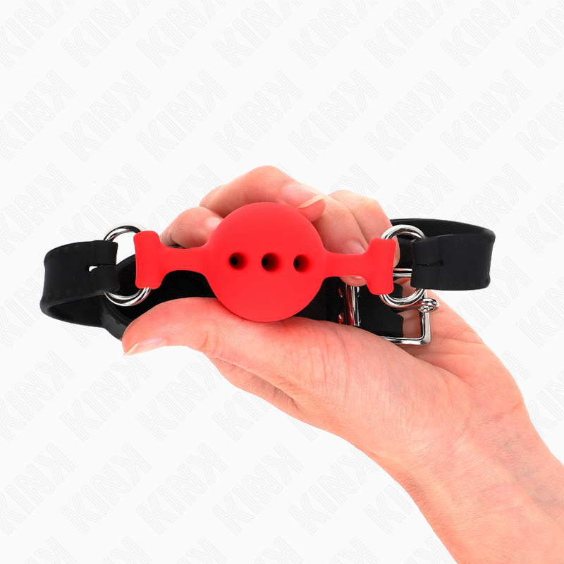 KINK - BAVAGLIO IN SILICONE INTERO 55 x 2 CM CON SFERA DA 4 CM MISURA S ROSSO REGOLABILE 35-51 CM - KINK COLLAR & GAG | Lingerie Harness Boutique
