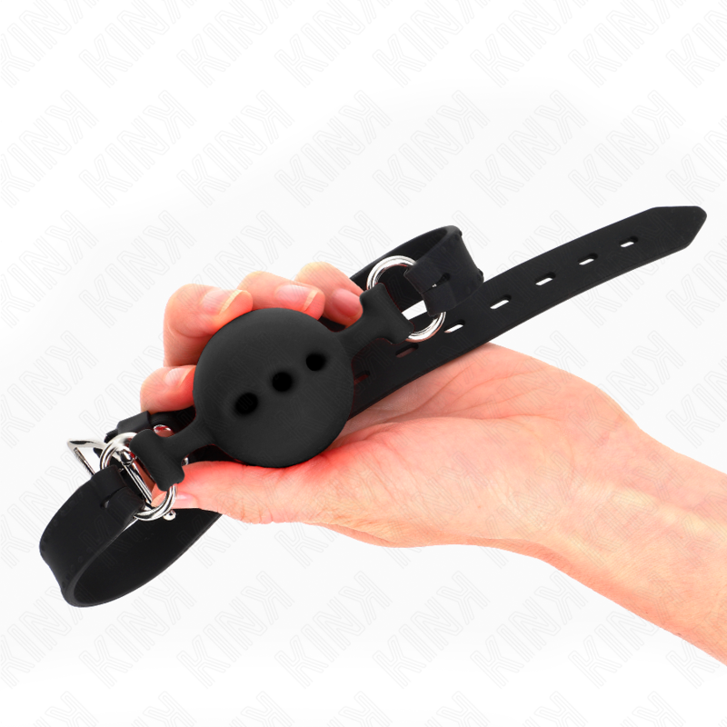 KINK - BAVAGLIO IN SILICONE INTERO 55 x 2 CM CON SFERA DA 5 CM MISURA L NERO REGOLABILE 35-51 CM - KINK COLLAR & GAG | Lingerie Harness Boutique