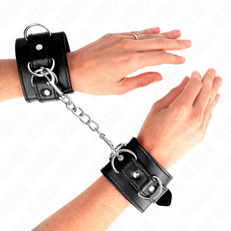 KINK - RESISTENZA DA POLSO CON 3 ANELLI A D REGOLABILE NERO 17,5-25 CM X 6 CM - KINK COLLAR & GAG | Lingerie Harness Boutique