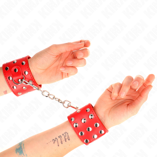 KINK - RESISTENZA DA POLSO CON CHIUSURA A SCATTO COMPLETA DI RIVETTI ROSSO REGOLABILE 19-24 CM X 5,5 CM - KINK COLLAR & GAG | Lingerie Harness Boutique