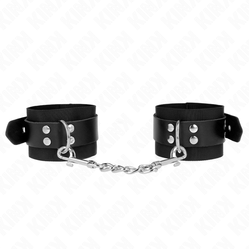KINK - RESISTENZA DA POLSO IN NYLON NERO CON CINTURA IN PELLE NERA REGOLABILE 19-29 CM X 5,1 CM - KINK COLLAR & GAG | Lingerie Harness Boutique