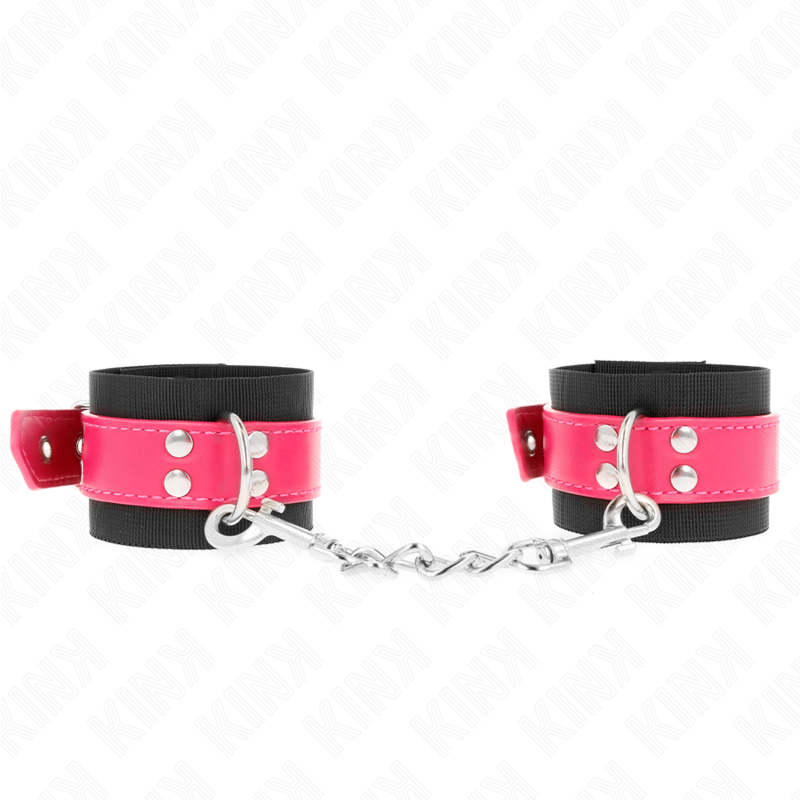 KINK - RESISTENZA DA POLSO IN NYLON NERO CON CINTURA IN SIMILPELLE ROSA LAMPONE REGOLABILE 19-29 CM X 5,1 CM - KINK COLLAR & GAG | Lingerie Harness Boutique