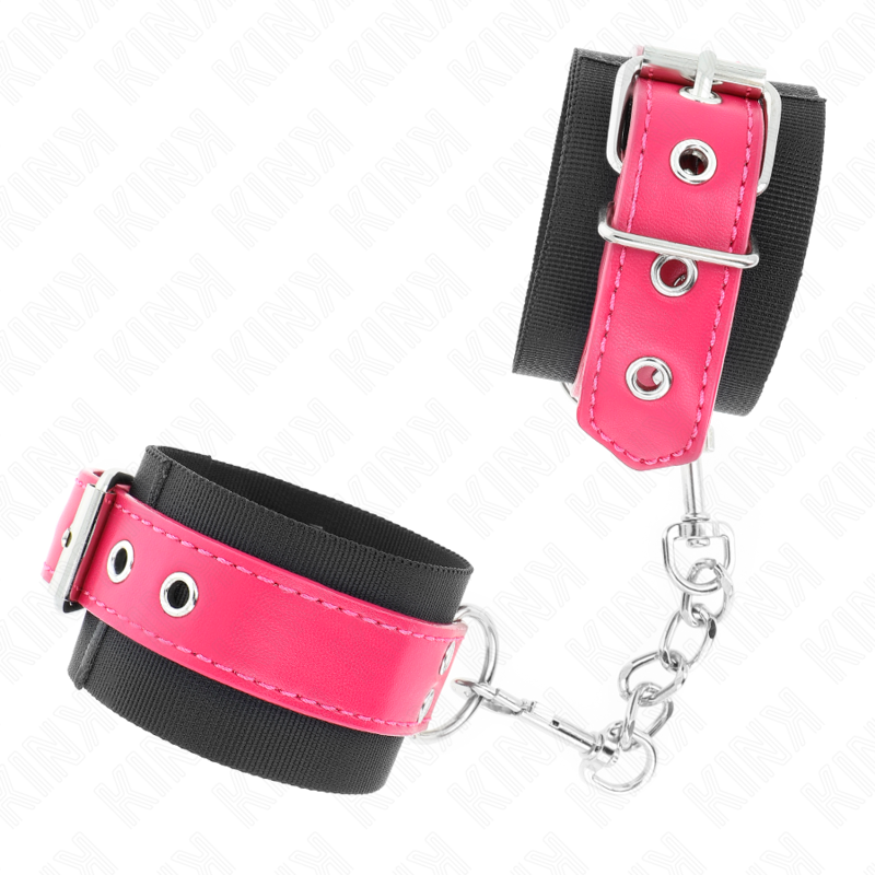 KINK - RESISTENZA DA POLSO IN NYLON NERO CON CINTURA IN SIMILPELLE ROSA LAMPONE REGOLABILE 19-29 CM X 5,1 CM - KINK COLLAR & GAG | Lingerie Harness Boutique