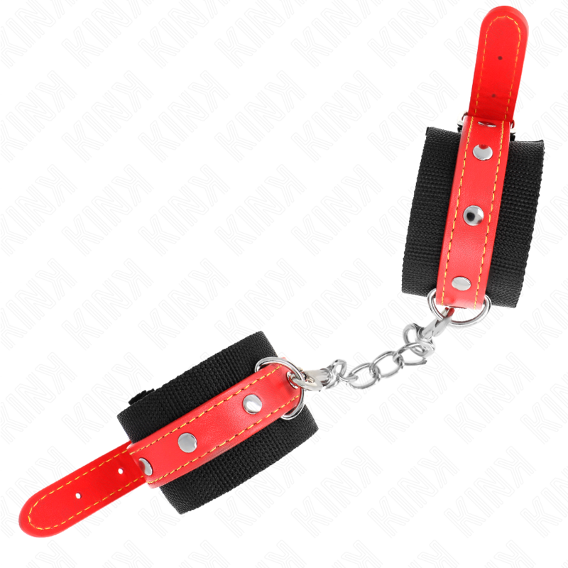 KINK - RESISTENZA DA POLSO IN NYLON NERO CON SIMILPELLE ROSSO REGOLABILE 19-24 CM X 5,5 CM - KINK COLLAR & GAG | Lingerie Harness Boutique