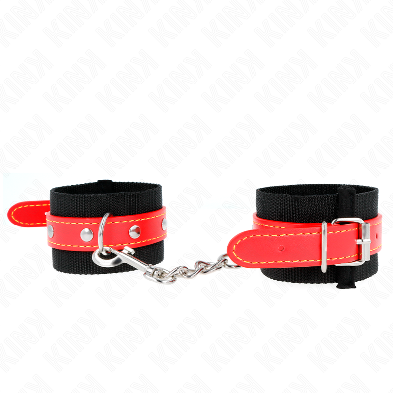 KINK - RESISTENZA DA POLSO IN NYLON NERO CON SIMILPELLE ROSSO REGOLABILE 19-24 CM X 5,5 CM - KINK COLLAR & GAG | Lingerie Harness Boutique