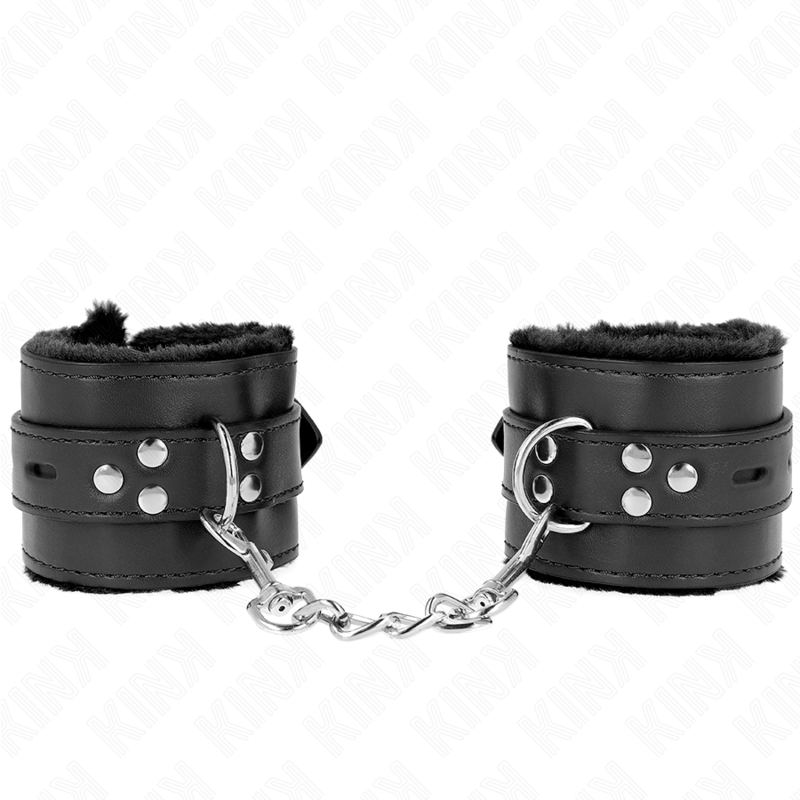 KINK - POLSINI IMBOTTITI IN PELLICCIA CON FORI QUADRI NERI E CINTURA NERA REGOLABILE 17-29 CM X 6 CM - KINK COLLAR & GAG | Lingerie Harness Boutique