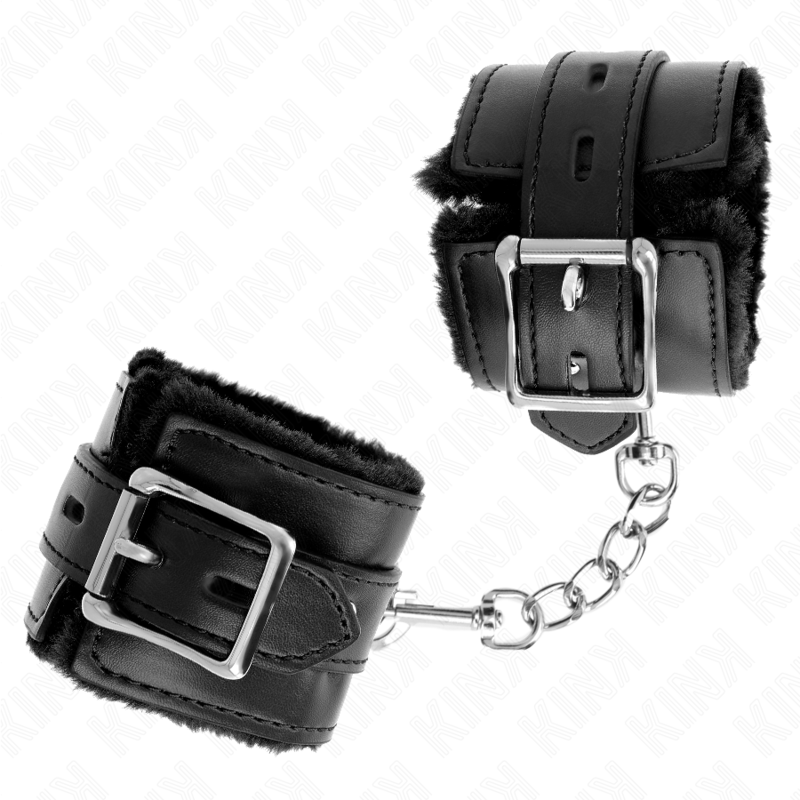 KINK - POLSINI IMBOTTITI IN PELLICCIA CON FORI QUADRI NERI E CINTURA NERA REGOLABILE 17-29 CM X 6 CM - KINK COLLAR & GAG | Lingerie Harness Boutique