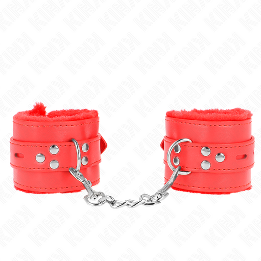 KINK - RED SQUARE HOLES PADDED FUR CUFFS WITH ADJUSTABLE RED BELT 17-29CM X 6CM