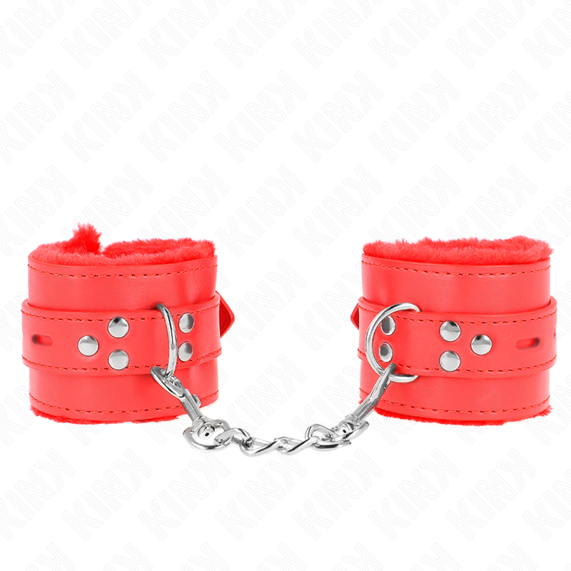 KINK - POLSINI IMBOTTITI IN PELLICCIA CON FORI QUADRI ROSSO E CINTURA ROSSA REGOLABILE 17-29 CM X 6 CM - KINK COLLAR & GAG | Lingerie Harness Boutique
