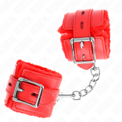 KINK - RED SQUARE HOLES PADDED FUR CUFFS WITH ADJUSTABLE RED BELT 17-29CM X 6CM