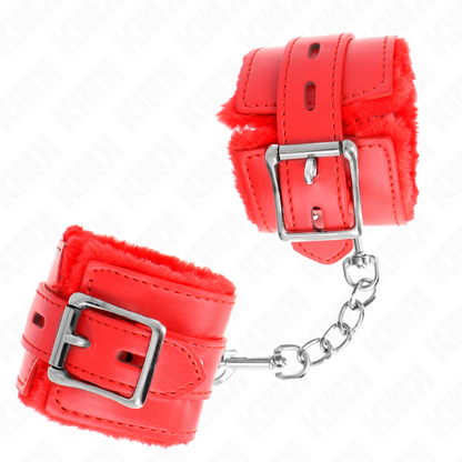 KINK - POLSINI IMBOTTITI IN PELLICCIA CON FORI QUADRI ROSSO E CINTURA ROSSA REGOLABILE 17-29 CM X 6 CM - KINK COLLAR & GAG | Lingerie Harness Boutique