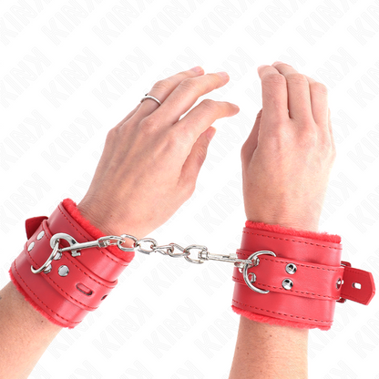 KINK - RED SQUARE HOLES PADDED FUR CUFFS WITH ADJUSTABLE RED BELT 17-29CM X 6CM