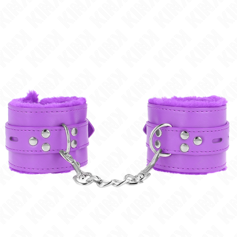 KINK - POLSINI IMBOTTITI IN PELLICCIA CON FORI QUADRI VIOLA E CINTURA VIOLA REGOLABILE 17-29 CM X 6 CM - KINK COLLAR & GAG | Lingerie Harness Boutique
