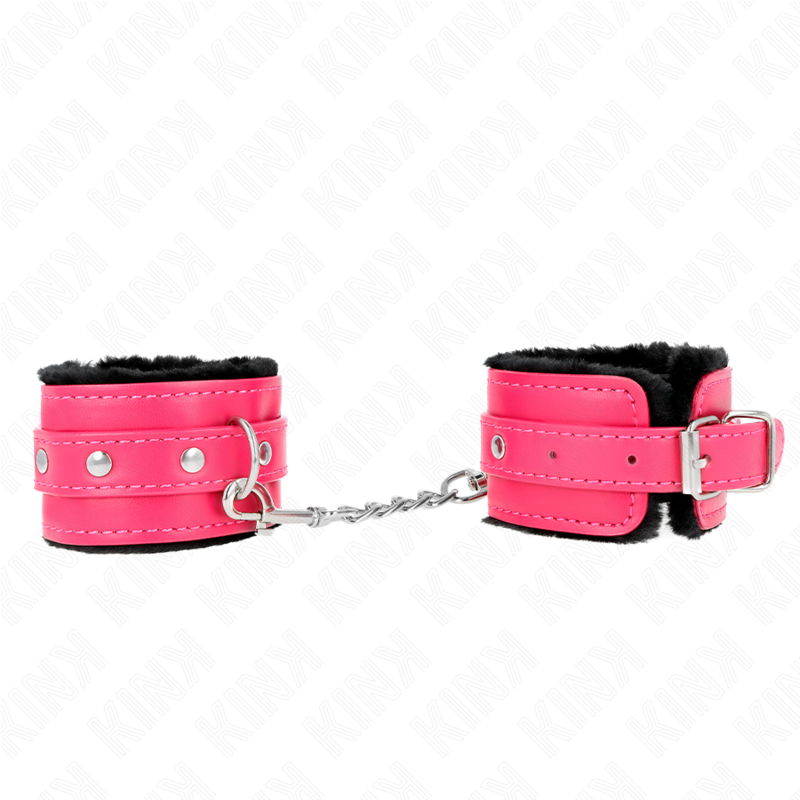 KINK - POGGIPOLSI PREMIUM FODERATI IN PELLICCIA NERI CON CINTURA ROSA LAMPONE REGOLABILE 17-29 CM X 6 CM - KINK COLLAR & GAG | Lingerie Harness Boutique