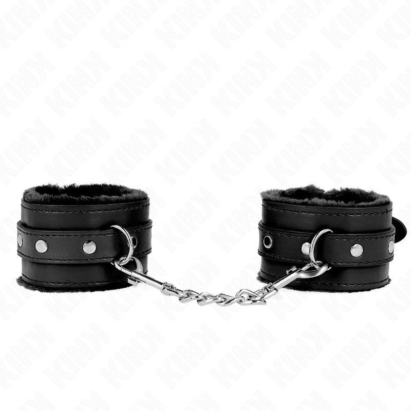 KINK - RESISTENZA DA POLSO PREMIUM FODERATA IN PELLICCIA NERA CON CINTURA NERA REGOLABILE 17-29 CM X 6 CM - KINK COLLAR & GAG | Lingerie Harness Boutique