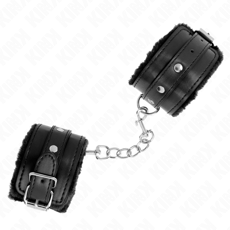 KINK - RESISTENZA DA POLSO PREMIUM FODERATA IN PELLICCIA NERA CON CINTURA NERA REGOLABILE 17-29 CM X 6 CM - KINK COLLAR & GAG | Lingerie Harness Boutique