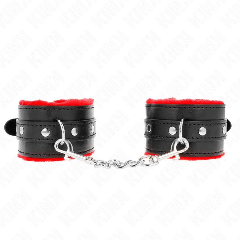 KINK - RESISTENZA DA POLSO PREMIUM FODERATA IN PELLICCIA ROSSO CON CINTURA NERA REGOLABILE 17-29 CM X 6 CM - KINK COLLAR & GAG | Lingerie Harness Boutique