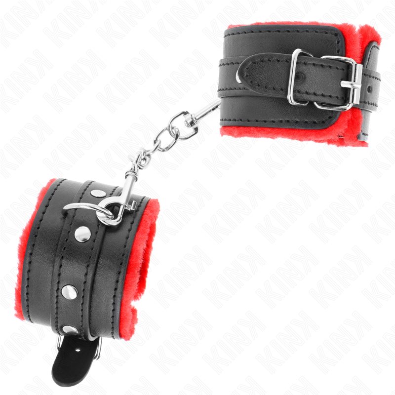 KINK - RESISTENZA DA POLSO PREMIUM FODERATA IN PELLICCIA ROSSO CON CINTURA NERA REGOLABILE 17-29 CM X 6 CM - KINK COLLAR & GAG | Lingerie Harness Boutique