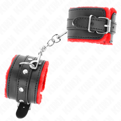 KINK - RESISTENZA DA POLSO PREMIUM FODERATA IN PELLICCIA ROSSO CON CINTURA NERA REGOLABILE 17-29 CM X 6 CM - KINK COLLAR & GAG | Lingerie Harness Boutique
