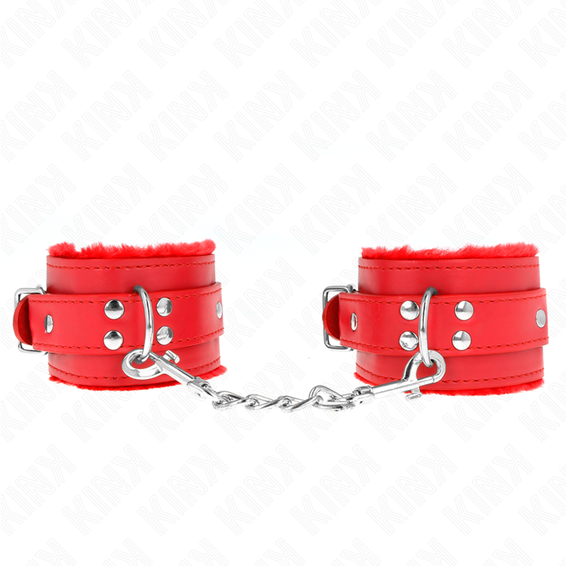 KINK - RESISTENZA DA POLSO IMBOTTITA IN PELLICCIA ROSSO CON CINTURA ROSSA REGOLABILE 17-29 CM X 6 CM - KINK COLLAR & GAG | Lingerie Harness Boutique
