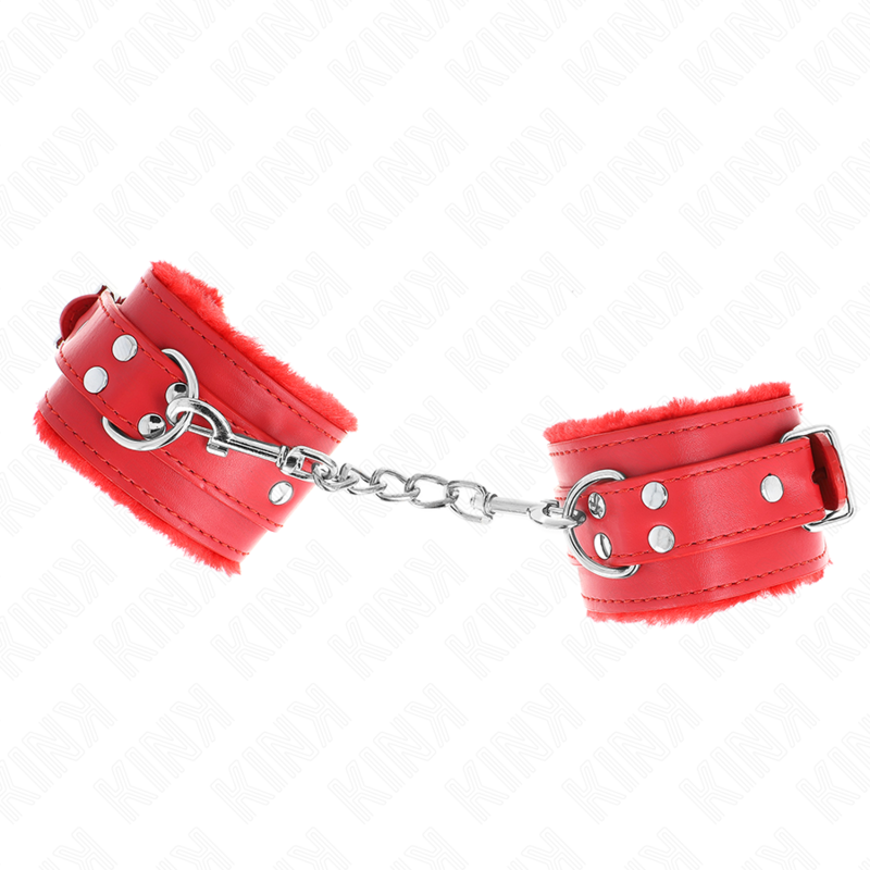 KINK - RESISTENZA DA POLSO IMBOTTITA IN PELLICCIA ROSSO CON CINTURA ROSSA REGOLABILE 17-29 CM X 6 CM - KINK COLLAR & GAG | Lingerie Harness Boutique
