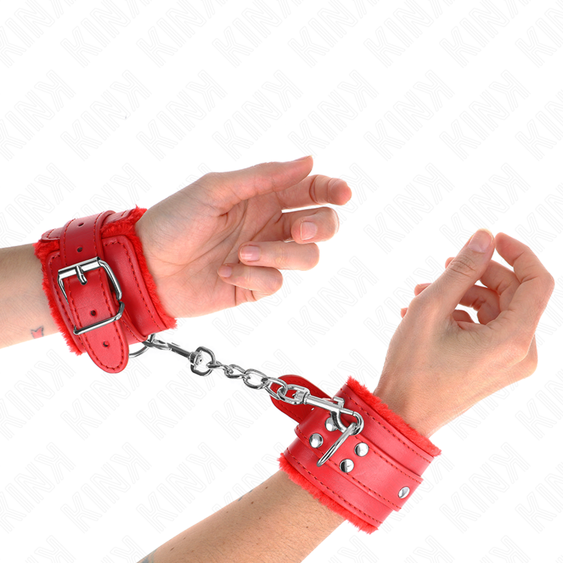 KINK - RESISTENZA DA POLSO IMBOTTITA IN PELLICCIA ROSSO CON CINTURA ROSSA REGOLABILE 17-29 CM X 6 CM - KINK COLLAR & GAG | Lingerie Harness Boutique