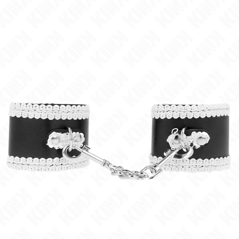 KINK - POLSO NERO CON PIZZO DECORATO BIANCO REGOLABILE 20-23 CM X 5,5 CM - KINK COLLAR & GAG | Lingerie Harness Boutique
