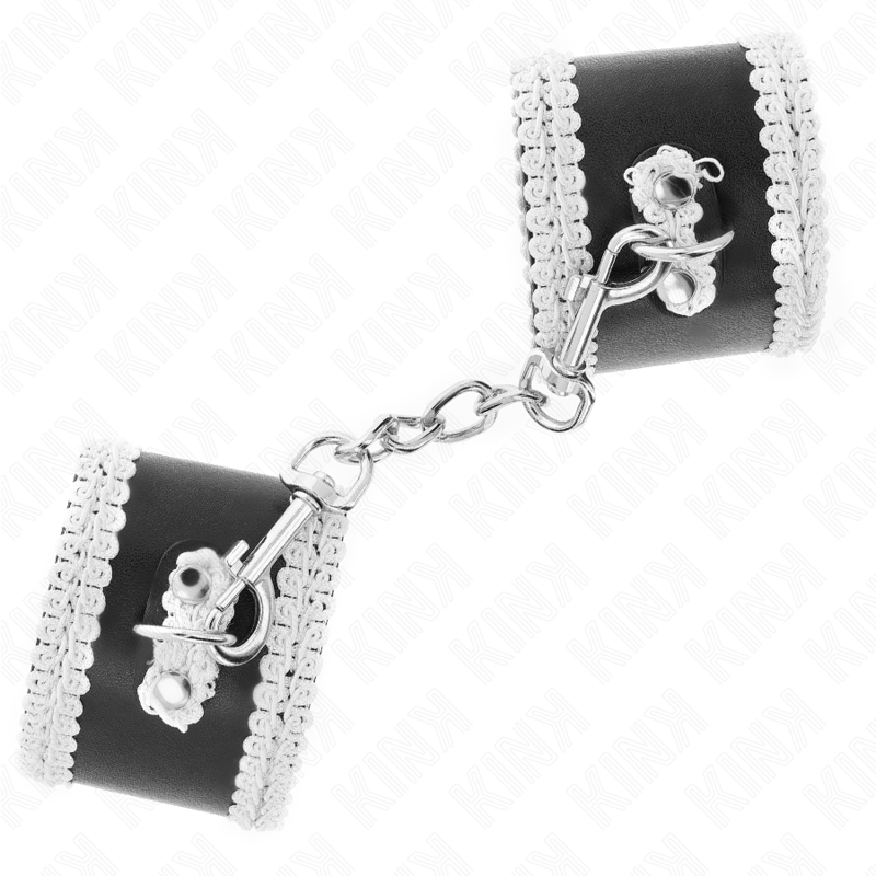 KINK - POLSO NERO CON PIZZO DECORATO BIANCO REGOLABILE 20-23 CM X 5,5 CM - KINK COLLAR & GAG | Lingerie Harness Boutique
