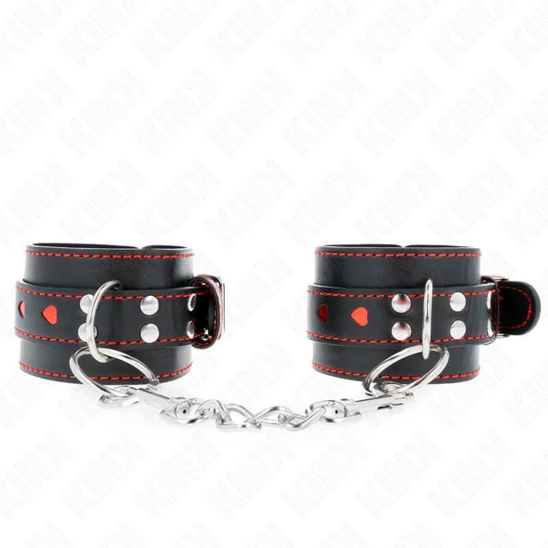 KINK - POLSO NERO CON INTARSIO CUORE ROSSO REGOLABILE 21-28 CM X 5,5 CM - KINK COLLAR & GAG | Lingerie Harness Boutique