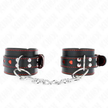 KINK - POLSO NERO CON INTARSIO CUORE ROSSO REGOLABILE 21-28 CM X 5,5 CM - KINK COLLAR & GAG | Lingerie Harness Boutique