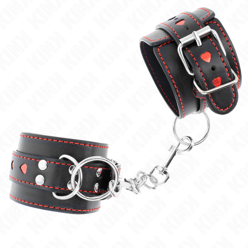 KINK - POLSO NERO CON INTARSIO CUORE ROSSO REGOLABILE 21-28 CM X 5,5 CM - KINK COLLAR & GAG | Lingerie Harness Boutique
