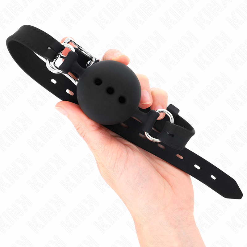 KINK - BAVAGLIO IN SILICONE INTERO 55 x 2 CM CON SFERA DA 4,5 CM MISURA M NERO REGOLABILE 35-51 CM - KINK COLLAR & GAG | Lingerie Harness Boutique