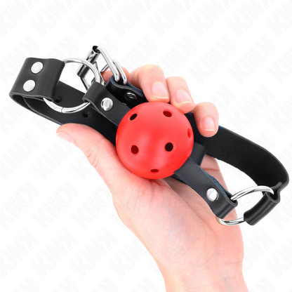 KINK - PALLA TRASPIRANTE BAVAGLIO 4 CM CON DOPPIO RIVETTO ROSSO 62,5 x 2,5 CM REGOLABILE 42-58 CM - KINK COLLAR & GAG | Lingerie Harness Boutique