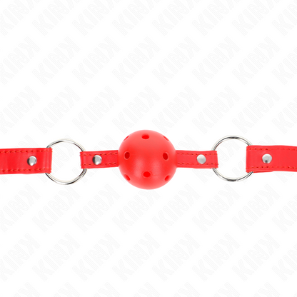 KINK - BAVAGLIO SFERA TRASPIRANTE 4 CM CON DOPPIO RIVETTO MODELLO 1 ROSSO 62,5 x 2,5 CM REGOLABILE 42-58 CM - Lingerie Harness Boutique | Lingerie Harness Boutique