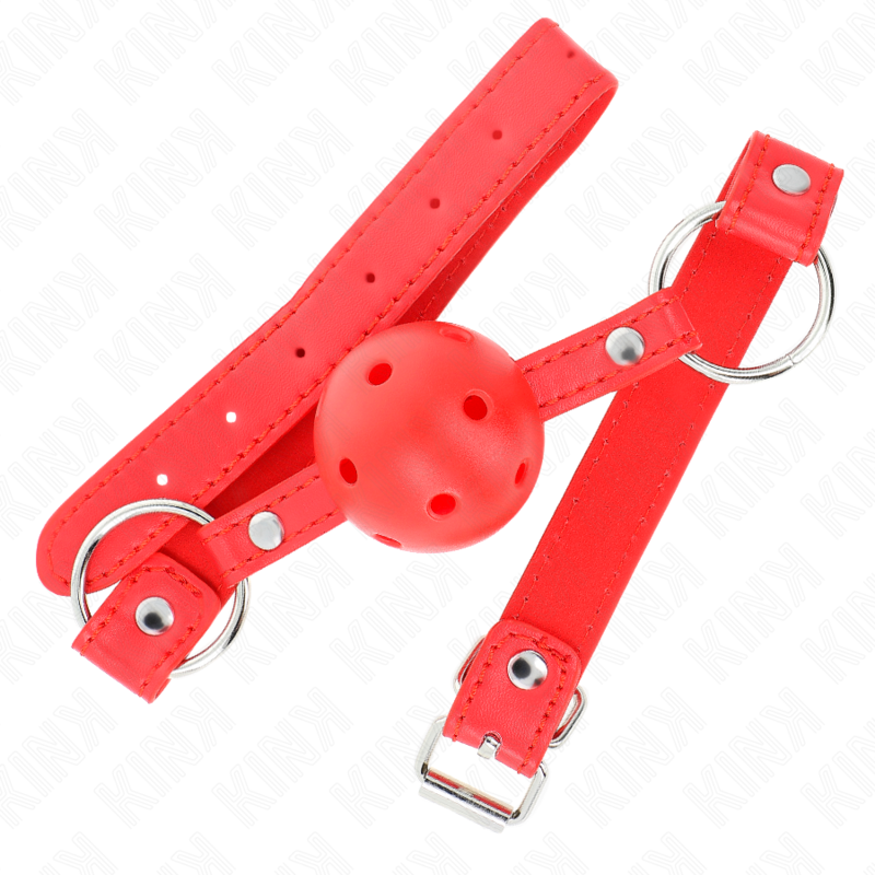 KINK - BAVAGLIO SFERA TRASPIRANTE 4 CM CON DOPPIO RIVETTO MODELLO 1 ROSSO 62,5 x 2,5 CM REGOLABILE 42-58 CM - KINK COLLAR & GAG | Lingerie Harness Boutique