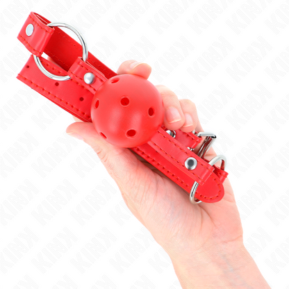 KINK - BAVAGLIO SFERA TRASPIRANTE 4 CM CON DOPPIO RIVETTO MODELLO 1 ROSSO 62,5 x 2,5 CM REGOLABILE 42-58 CM - KINK COLLAR & GAG | Lingerie Harness Boutique