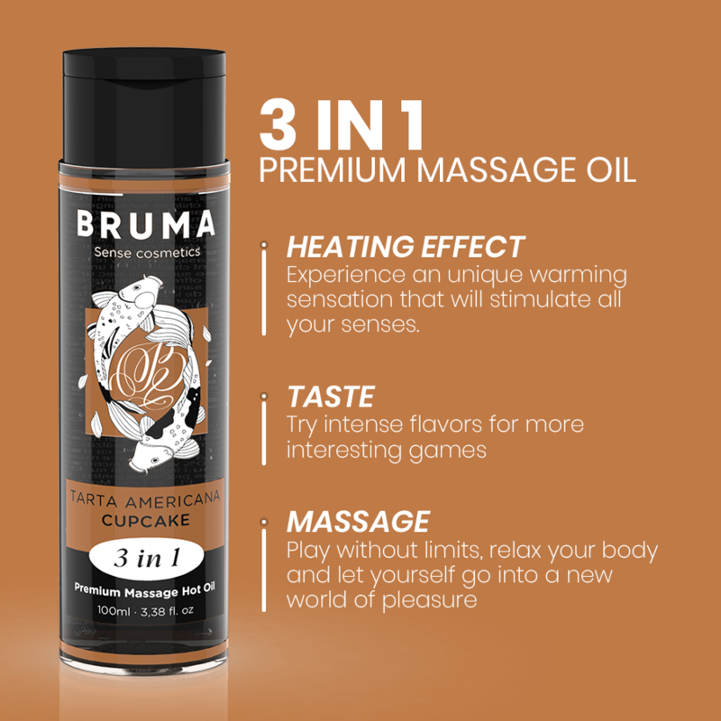 BRUMA - OLIO DA MASSAGGIO PREMIUM EFFETTO CALORE SAPORE CUPACKE 3 IN 1 - 100 ML - BRUMA | Lingerie Harness Boutique