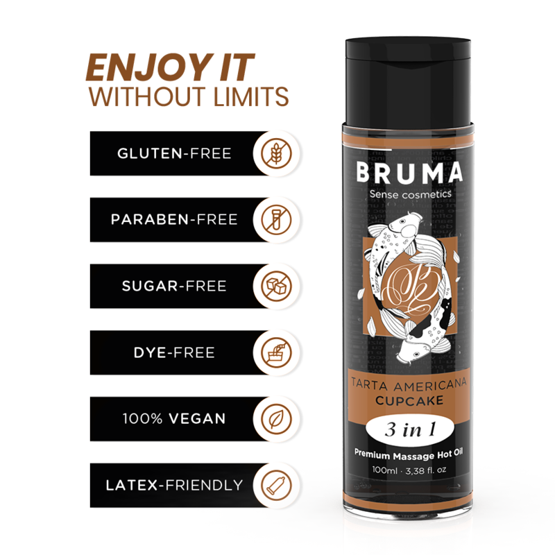 BRUMA - OLIO DA MASSAGGIO PREMIUM EFFETTO CALORE SAPORE CUPACKE 3 IN 1 - 100 ML - BRUMA | Lingerie Harness Boutique