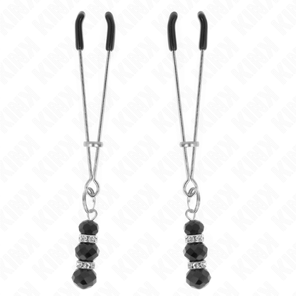 KINK - PINZE PER CAPEZZOLI SOTTILI ORO CON 3 PERLINE DI VETRO NERE 7 CM - KINK COLLAR & GAG | Lingerie Harness Boutique