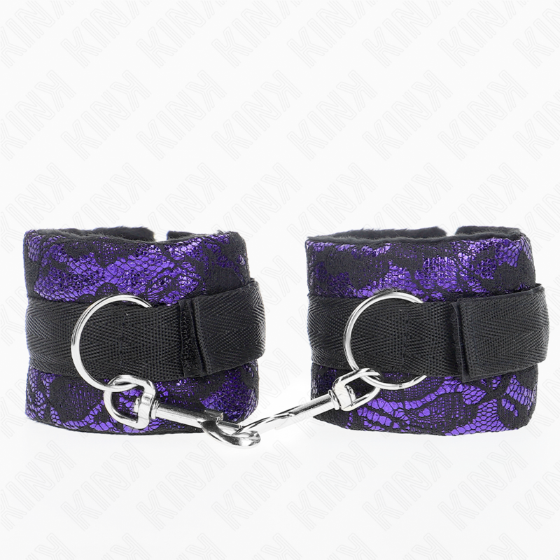 KINK - RESISTENZA DA POLSO CORTA IN PIZZO DI VELLUTO E FASCIA IN NYLON VIOLA/NERO 23 X 6,5 CM - KINK COLLAR & GAG | Lingerie Harness Boutique