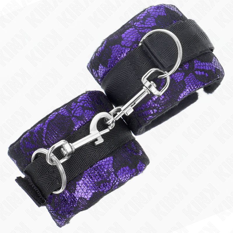 KINK - RESISTENZA DA POLSO CORTA IN PIZZO DI VELLUTO E FASCIA IN NYLON VIOLA/NERO 23 X 6,5 CM - KINK COLLAR & GAG | Lingerie Harness Boutique