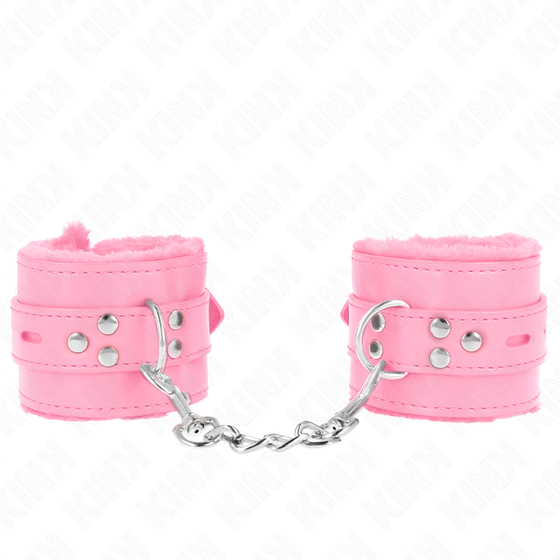 KINK - POLSINI IMBOTTITI IN PELLICCIA CON FORI QUADRI ROSA E CINTURA ROSA REGOLABILE 17-29 CM X 6 CM - KINK COLLAR & GAG | Lingerie Harness Boutique